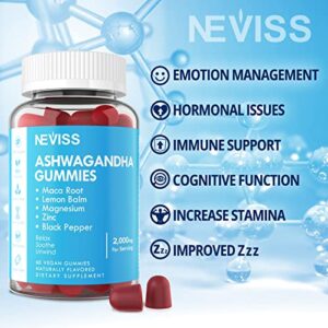 Nevissbags Ashwagandha Gummies - 2000mg - with Maca Root, Magnesium, Zinc, Lemon Balm - Vegan, Pure, Organic, Gluten Free - Healthy Stress Relief, Zzz, Stamina, Energy, Relaxation Support - 60 Counts