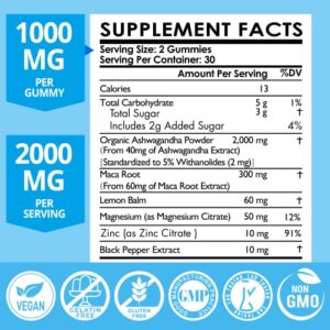 Nevissbags Ashwagandha Gummies - 2000mg - with Maca Root, Magnesium, Zinc, Lemon Balm - Vegan, Pure, Organic, Gluten Free - Healthy Stress Relief, Zzz, Stamina, Energy, Relaxation Support - 60 Counts