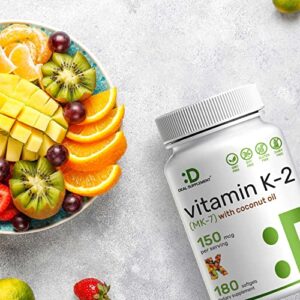 Vitamin K2 MK-7 with Virgin Coconut Oil, 180 Softgels - Vitamin K2 as Menaquinone-7 150 mcg | Advanced Vitamin K Supplement - Promotes Bone Health, Non-GMO, No Gluten