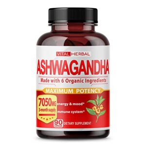 organic ashwagandha capsules equivalent to 7050mg – maximum potency with l-theanine turmeric rhodiola st. john’s wort increase strength focus mood sleep support – 90 days supply