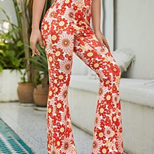 Romwe Women's Bootcut High Waisted Yoga Pants Sunflower Print Wide Leg Pants Trousers Floral L