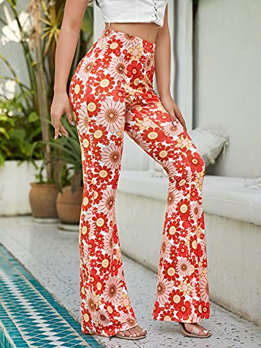 Romwe Women's Bootcut High Waisted Yoga Pants Sunflower Print Wide Leg Pants Trousers Floral L