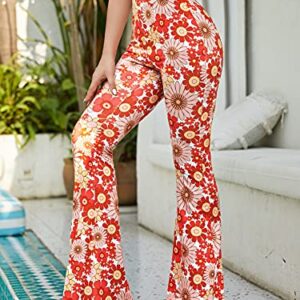 Romwe Women's Bootcut High Waisted Yoga Pants Sunflower Print Wide Leg Pants Trousers Floral L