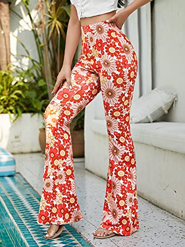 Romwe Women's Bootcut High Waisted Yoga Pants Sunflower Print Wide Leg Pants Trousers Floral L