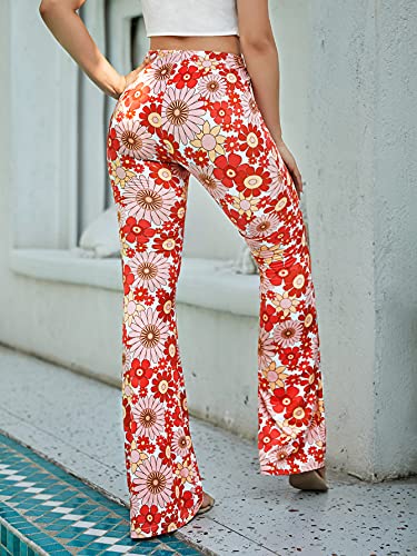 Romwe Women's Bootcut High Waisted Yoga Pants Sunflower Print Wide Leg Pants Trousers Floral L