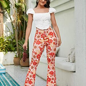 Romwe Women's Bootcut High Waisted Yoga Pants Sunflower Print Wide Leg Pants Trousers Floral L