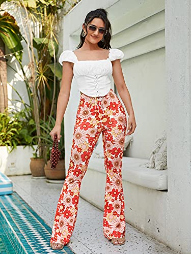 Romwe Women's Bootcut High Waisted Yoga Pants Sunflower Print Wide Leg Pants Trousers Floral L