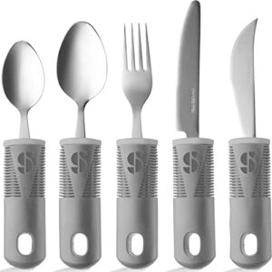 special supplies adaptive utensils (5-piece kitchen set) wide, non-weighted, non-slip handles for hand tremors, arthritis, parkinson’s or elderly use – stainless steel (grey)