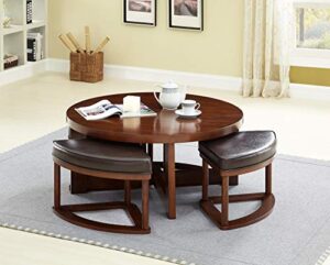gtu furniture mid-century modern, transitional, contemporary round 3-piece coffee table and stool set, 1 walnut finished coffee table with 2 faux leather upholstered nesting stools, mesa de café