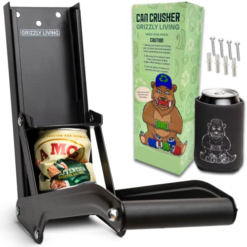 Grizzly Living Aluminum Can Crusher | Heavy Duty Can Crusher Wall Mounted for 12-16oz Cans | Can Crusher for Recycling Soda, Beer or Soft Drinks Cans