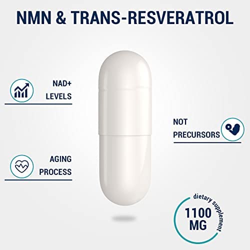 NMN 500mg + Trans-Resveratrol Supplement 1100mg, nmn resveratrol supplements 1000mg for Powerful Antioxidant & Anti-Aging Supplement, Cell Repair, Boost Energy, Boost NAD+, Immune Health, 120 Capsules