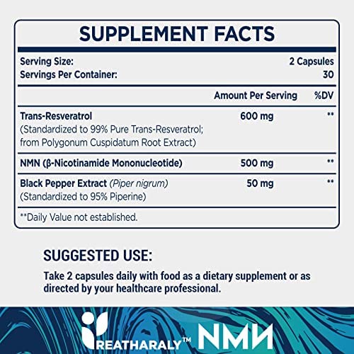 NMN 500mg + Trans-Resveratrol Supplement 1100mg, nmn resveratrol supplements 1000mg for Powerful Antioxidant & Anti-Aging Supplement, Cell Repair, Boost Energy, Boost NAD+, Immune Health, 120 Capsules