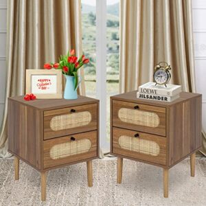 modern walnut nightstand with 2 drawers rattan side table end table with storage set of 2 elegant wood square bedside tables for bedroom living room small space(2-pack)