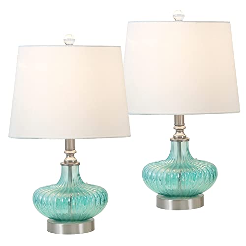 Maxax Glass Table Lamps Set of 2, Blue Bedside Desk Lamps with White Drum Shade for Living Room/Family/Bedroom/Nightstand