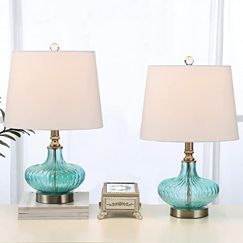 Maxax Glass Table Lamps Set of 2, Blue Bedside Desk Lamps with White Drum Shade for Living Room/Family/Bedroom/Nightstand