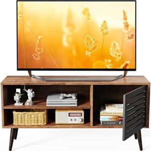 retro tv stand for tv up to 55 inch, tv console table & entertainment center mid century modern tv stand with adjustable shelf for living room, pop up door tv cabinet holds up to 110 lbs, fmrts02b1