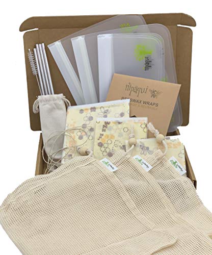 ZERO WASTE KIT - 17 PCS Eco Friendly Gift Set with Zero Waste Sustainable Products for the Home & Kitchen. Includes Reusable Products, Food Storage Bags, Beeswax Wraps, Mesh Produce Bags, and Straws. Great gifts for women.