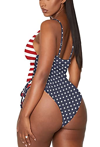 Viottiset Women's One Piece Swimsuit Drawstring Tummy Control High Cut Bathing Suit American Flag Small