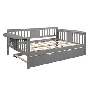 SOFTSEA Full Size Daybed with Twin Trundle, Wood Trundle Daybed Sofa Bed for Bedroom Living Room, No Box Spring Needed (Gray, Full with Trundle)
