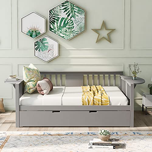 SOFTSEA Full Size Daybed with Twin Trundle, Wood Trundle Daybed Sofa Bed for Bedroom Living Room, No Box Spring Needed (Gray, Full with Trundle)