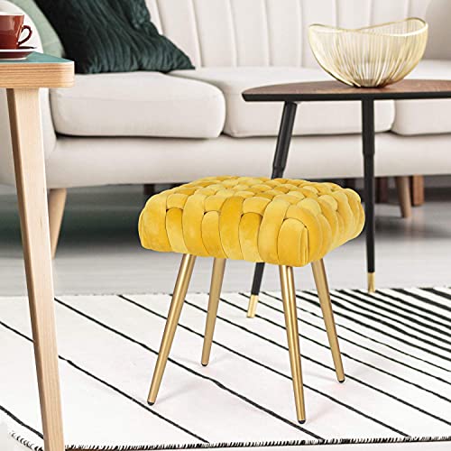 Decent Home Velvet Ottoman Footrest Stool,Tufted Fabric Upholstery Side Table Seat, Vanity Dressing Bench ,Knit Lines Chair with Metal Legs for Living Room, Bedroom (Yellow)