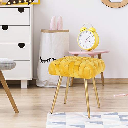 Decent Home Velvet Ottoman Footrest Stool,Tufted Fabric Upholstery Side Table Seat, Vanity Dressing Bench ,Knit Lines Chair with Metal Legs for Living Room, Bedroom (Yellow)