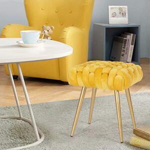 Decent Home Velvet Ottoman Footrest Stool,Tufted Fabric Upholstery Side Table Seat, Vanity Dressing Bench ,Knit Lines Chair with Metal Legs for Living Room, Bedroom (Yellow)