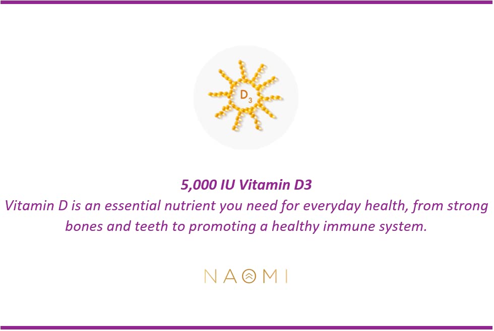 NAOMI Activated Vitamin D, Vitamin D3 5000 IU with Magnesium Supplement, Vitamin D for Strong Bones, Balanced Mood and Optimal Immune Support, K Minerals, D Vitamin IU- 60 Veggie Capsules