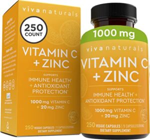 vitamin c with zinc (250 veggie capsules) – vitamin c 1000mg and zinc 20mg with citrus bioflavonoids and rose hips, immune support supplement and powerful antioxidant