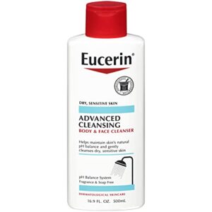 eucerin advanced cleansing body & face cleanser – fragrance & soap free for dry, sensitive skin – 16.9 fl. oz bottle