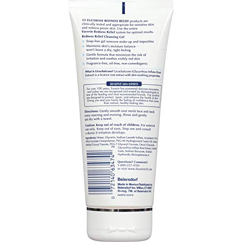 Eucerin Redness Relief Cleansing Gel - Fragrance Free, Gently Cleanses Sensitive Skin - 6.8 fl. oz. Tube (Pack of 3)