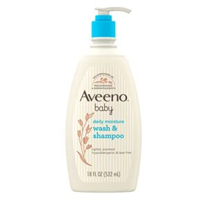 aveeno baby daily moisture gentle body wash & shampoo with oat extract, 2-in-1 baby bath wash & hair shampoo, tear- & paraben-free for hair & sensitive skin, lightly scented, 18 fl. oz