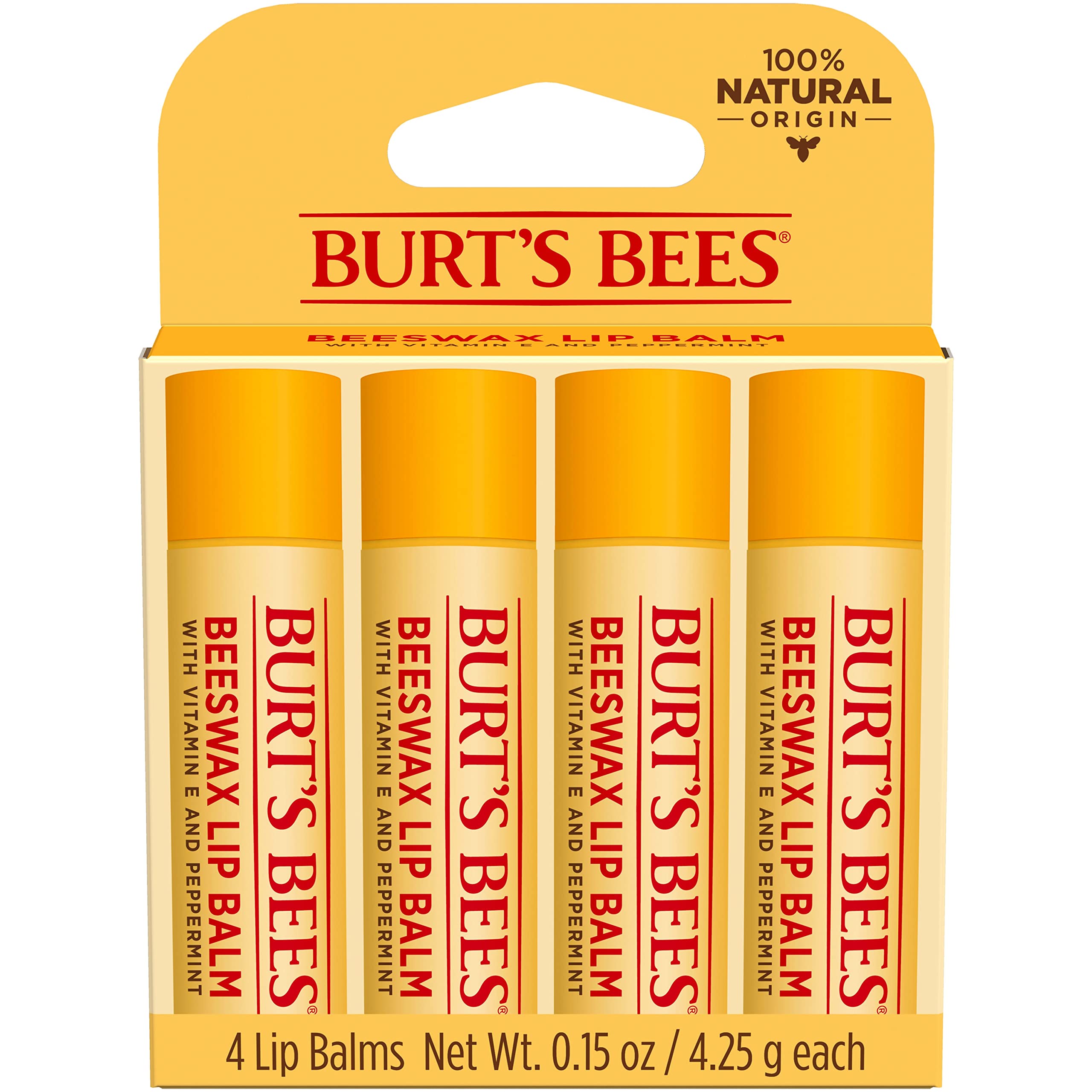 Burt's Bees Lip Balm Easter Basket Stuffers, Moisturizing Lip Care Spring Gift, for All Day Hydration, 100% Natural, Original Beeswax with Vitamin E & Peppermint Oil (4 Pack)