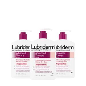 lubriderm advanced therapy fragrance-free moisturizing lotion with vitamins e and pro-vitamin b5, intense hydration for extra dry skin, non-greasy formula, pack of three, 3 x 16 fl. oz