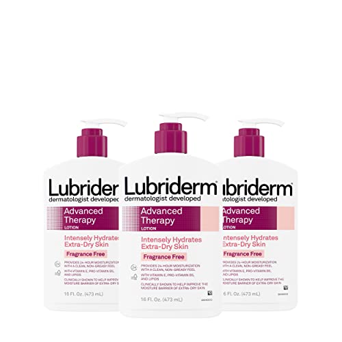 Lubriderm Advanced Therapy Fragrance-Free Moisturizing Lotion with Vitamins E and Pro-Vitamin B5, Intense Hydration for Extra Dry Skin, Non-Greasy Formula, Pack of Three, 3 x 16 fl. oz