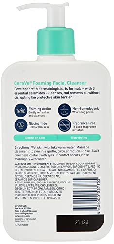 CeraVe Foaming Facial Cleanser | Daily Face Wash for Oily Skin with Hyaluronic Acid, Ceramides, and Niacinamide| Fragrance Free Paraben Free | 16 Fluid Ounce