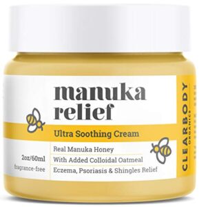 manuka relief cream for eczema psoriasis shingles prone, dry skin- colloidal oatmeal & manuka honey- clean, soothing ointment for kids, adults, baby- plant based formula treatment, eczema cream