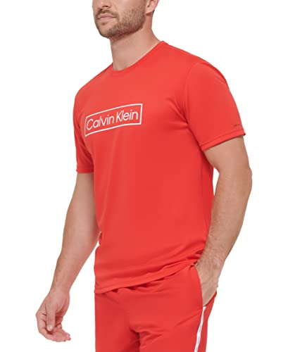 Calvin Klein Men's Standard Light Weight Quick Dry Short Sleeve 40+ UPF Protection, Red, Medium