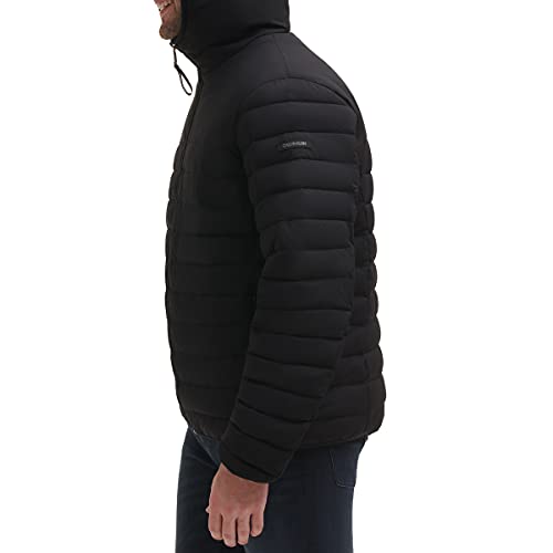 Calvin Klein Men's Hooded Down Jacket, Quilted Coat, Sherpa Lined, Black, Larg