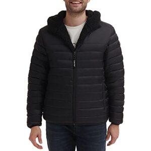 calvin klein men’s hooded down jacket, quilted coat, sherpa lined, black, larg