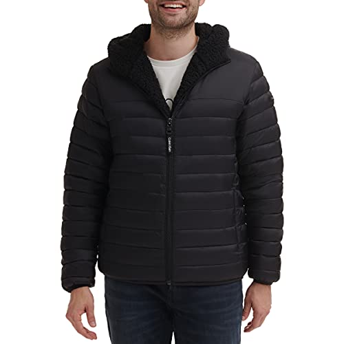 Calvin Klein Men's Hooded Down Jacket, Quilted Coat, Sherpa Lined, Black, Larg