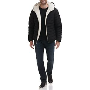 Calvin Klein Men's Hooded Down Jacket, Quilted Coat, Sherpa Lined, Black, Larg