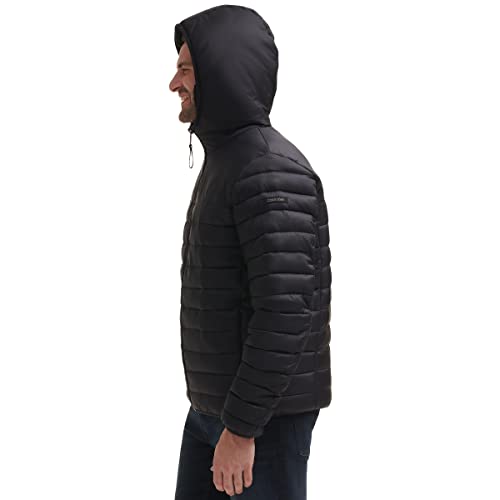 Calvin Klein Men's Hooded Down Jacket, Quilted Coat, Sherpa Lined, Black, Larg