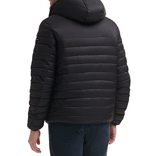 Calvin Klein Men's Hooded Down Jacket, Quilted Coat, Sherpa Lined, Black, Larg