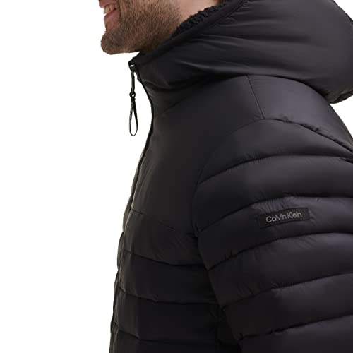 Calvin Klein Men's Hooded Down Jacket, Quilted Coat, Sherpa Lined, Black, Larg