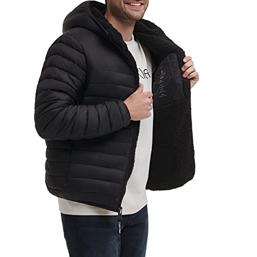 Calvin Klein Men's Hooded Down Jacket, Quilted Coat, Sherpa Lined, Black, Larg