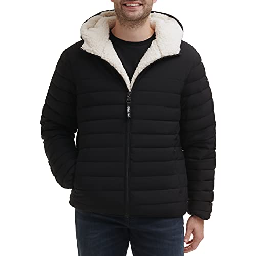 Calvin Klein Men's Hooded Down Jacket, Quilted Coat, Sherpa Lined, Black, Larg