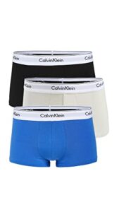 calvin klein men’s modern cotton stretch 3-pack low rise trunk, black, palace blue, vanilla ice