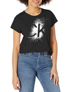 calvin klein women’s soft ck logo splatter foil sparkly cotton span jersey everyday t shirt, black, large