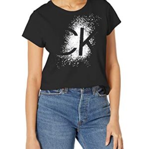 Calvin Klein Women's Soft Ck Logo Splatter Foil Sparkly Cotton Span Jersey Everyday T Shirt, Black, Large